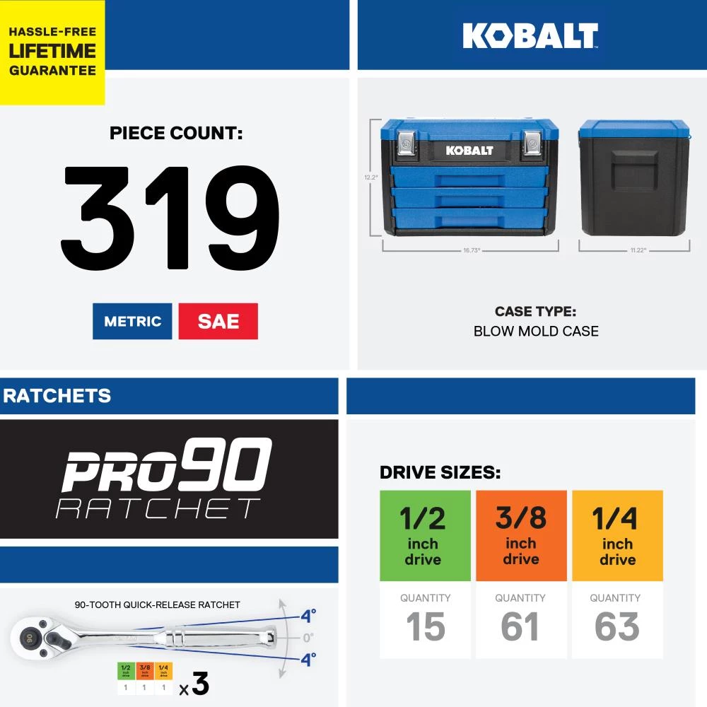 Brand new π₯ Kobalt Mechanics Tool Sets 319-Piece Standard (SAE) and Metric Combination Polished Chrome Mechanics Tool Set (1/4-in; 3/8-in) π 15 Brand new π₯ Kobalt Mechanics Tool Sets 319-Piece Standard (SAE) and Metric Combination Polished Chrome Mechanics Tool Set (1/4-in; 3/8-in) π - Image 15
